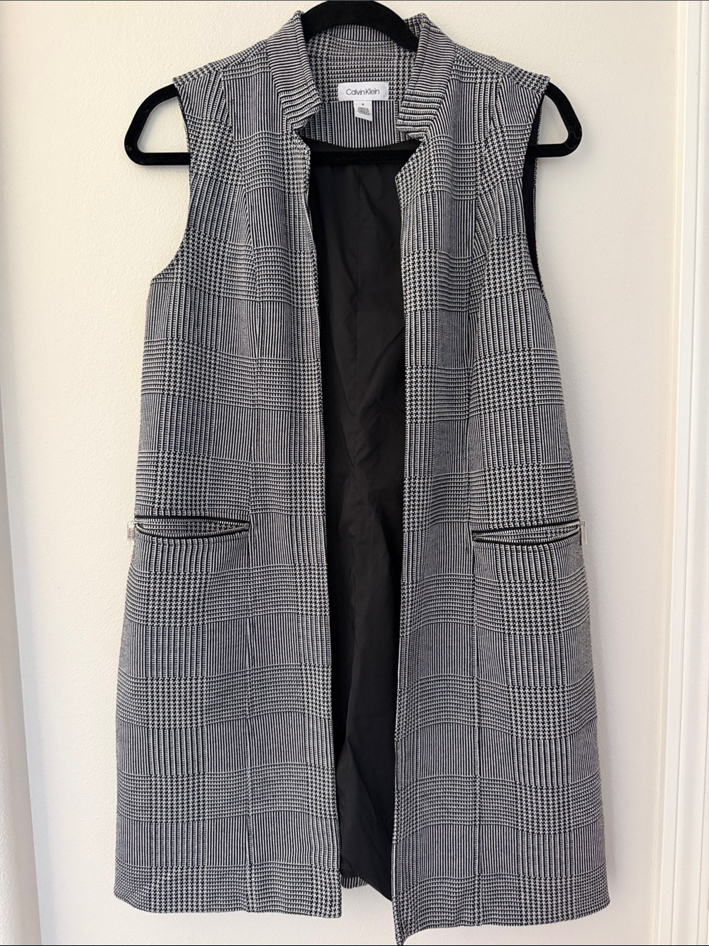 Calvin Klein Black & White Glen Plaid Sleeveless Long Vest